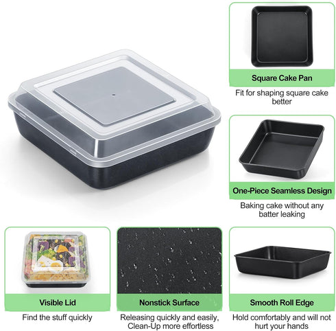 TeamFar 9 Inch Square Cake Pan with Lid, Non-Stick Square Baking Roasting Pan with Stainless Steel Core
