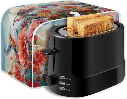 Hummingbird Flower Print Toaster Covers, 2 Slice Wide Slot, Dustproof Floral Protectors, Machine Washable Gift for Women