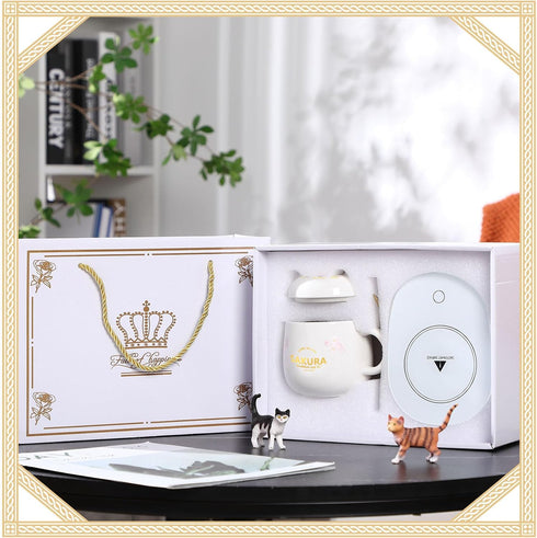 Cute Cat Smart Coffee Warmer with Mug for Women, Electric Coffee Mug Heater, Temperature Control, Ceramic, White, Gift