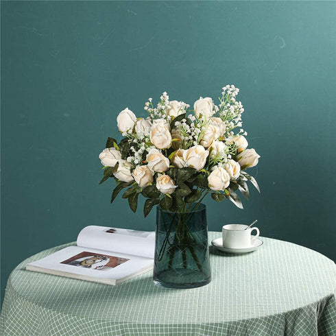 Hawesome 3 Bunches Artificial Silk Roses Buds Realistic Bouquet Arrangement for Wedding Party Centerpieces (Champagne)