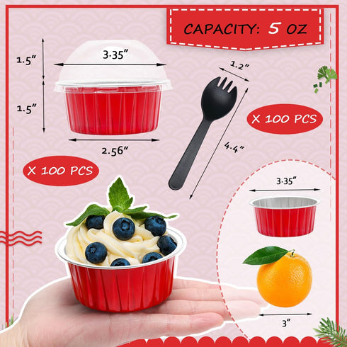 LNYZQUS 5oz Cupcake Pans, 100 Pack Aluminum Foil Mini Cake Baking Cups with Dome Lids for Christmas - Red
