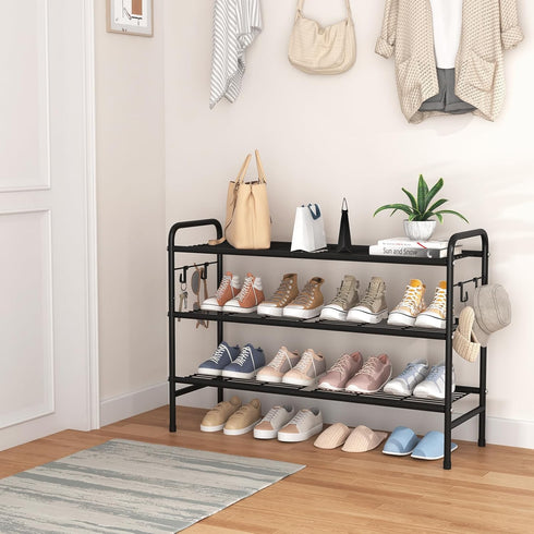 3 33" 4 Closet, VILICK Tier Shoe Rack Wide Metal Shoe Organizer Long Shoe Storage with Side Hooks Sturdy Shoes Shelf
