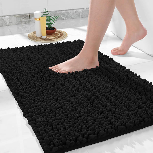 Yimobra Non Slip Washable Bathroom Rugs 32x20 Inch - Ultra Soft Chenille Bath Mat, Quick Dry, Black