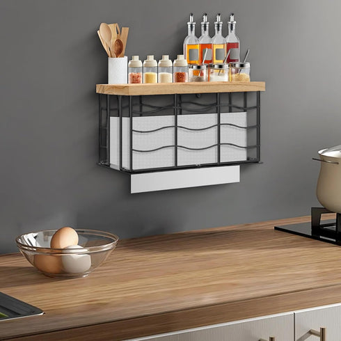 Metal Paper Towel Dispenser with Wood Lid, Wall Mounted & Countertop Tri-Fold Napkin Holder for Home Bathroom Kitchen