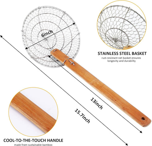 Stainless Steel Spider Strainer, Asian Kitchen Wire Food Cooking Skimmer with Natural Bamboo Handle, 6-Inch