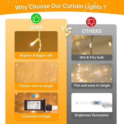 HEYFUNi 304 LED Curtain Lights Outdoor, 9.8Ft*9.8Ft Plug-in Hanging String Lights with 8 Modes for Decor