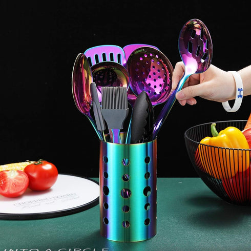 Rainbow Kitchen Utensils Set, 13 Pieces Stainless Steel Cooking Tools Set with Titanium Rainbow Plating, Utensil Holder