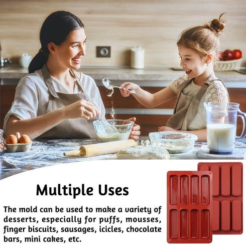 2 PCS Finger Biscuit Silicone Mould, 8 Cavities Non-stick Chocolate Bar Mold for Candy, Eclair, Muffin