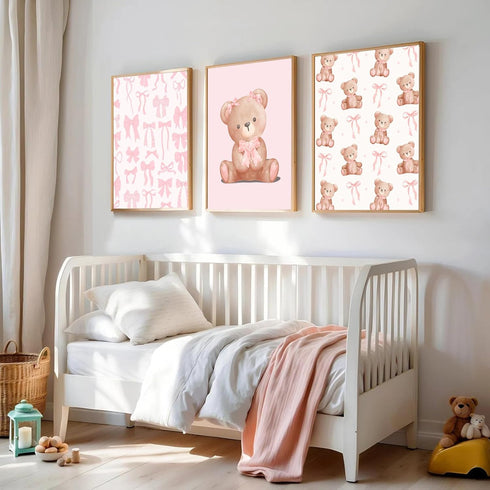 3Pcs Pink Teddy Bear Wall Art Coquette Bow Wall Decor Pictures Cute Animal Nursery Canvas Posters Prints for Baby Girls