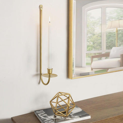 Set 2 Wall Candle Holders of Handcrafted Wrought Iron Sconces with Gold Finish, Easy to Install Modern Candle Holders