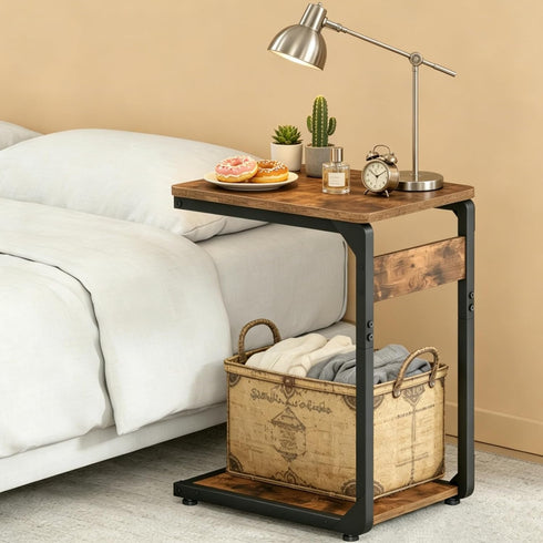 Vovonusy ET-YB-BR1 Wood Pedestal Small Sofa Side Table for Couch, Tall Nightstand, C Shaped End Table, TV Trays