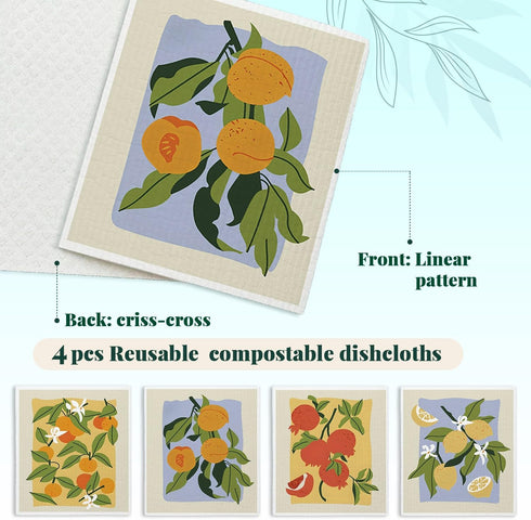 LARTSFRO 4 Pack Swedish Dishcloths for Kitchen, Papaya Reusable Paper Towels Washable, Oranges Peach Lemon Colorful