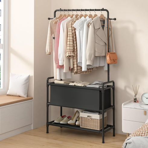 Calmootey Clothing Rack with Storage Bag, 3-in-1 Garment Rack for Bedroom, Hallway, Entryway, Black