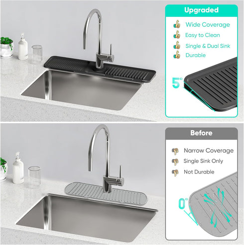 24 Inch Kitchen Sink Splash Guard: Silicone Draining Mat with 5 Slope for Faucet Area, Fast Draining Kitchen Sink Tidy