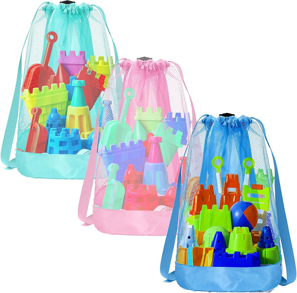 Vodolo Beach Toy Bag,3pcs Mesh Travel Sand Toys Backpack for Sandbox Buckets,Beach