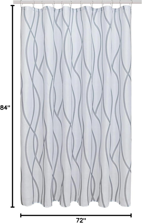 Biscaynebay Extra Long Textured Fabric Shower Curtain 72 W x 84 L, Silver Grey Striped Printed Linen, Machine Washable