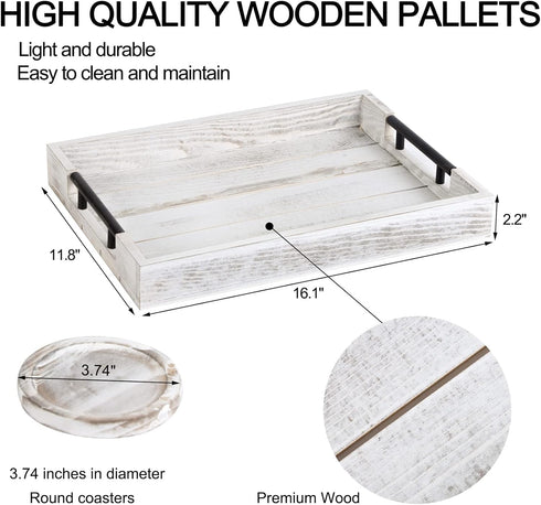 4 Wooden Serving Ottoman Tray With Coasters, Breakfast Tray With Handles, Home Decor for Living Room, Coffee Table