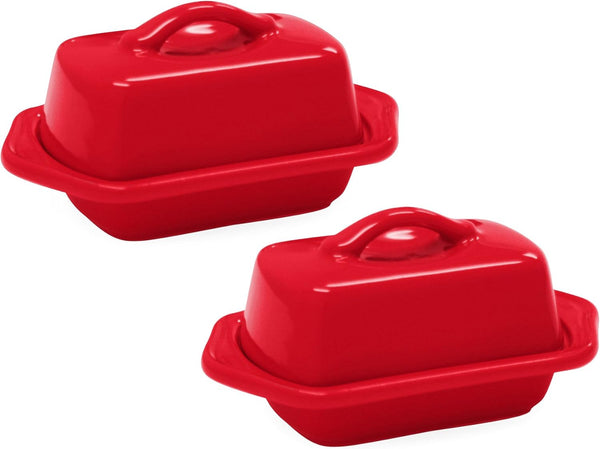Chantal Ceramic Mini Butter Dish, Set of 2, 5 inch, True Red