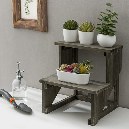 2 MyGift Tier Rustic Dark Gray Wood Desktop Plant Rack, Farmhouse Style Planter Stand, Desk Display Organizer, Standing