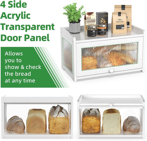 Countertop, 4-Side BAMBANG Bamboo Bread Box for Kitchen Extra Large Farmhouse Bread Box with Clear Panels, Wooden Bread