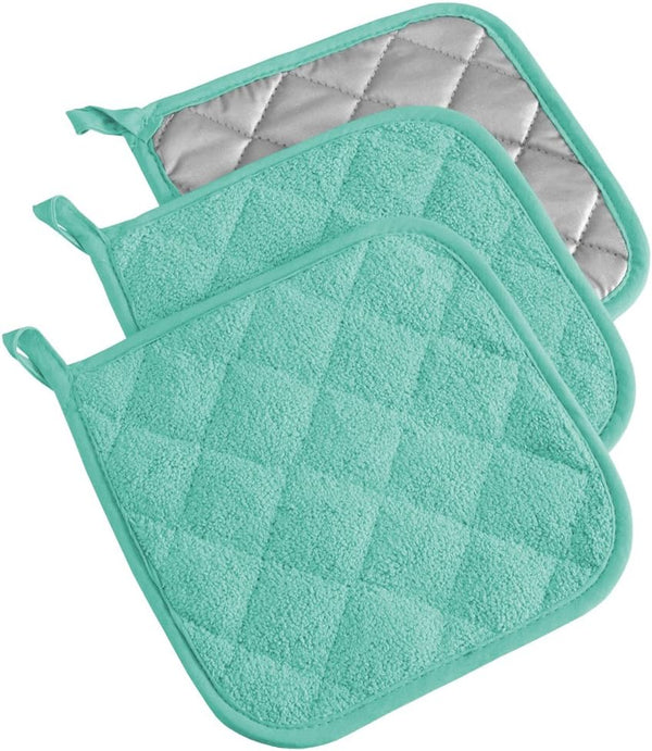 DII Basic Terry Collection Quilted Potholder, 100% Cotton, Aqua, 3 Piece