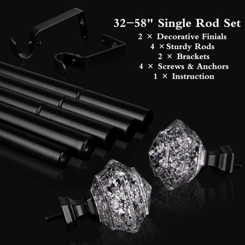 TONIAL Decorative Curtain Rods, 32 to 58 Inch, Black with Translucent Diamond Finial