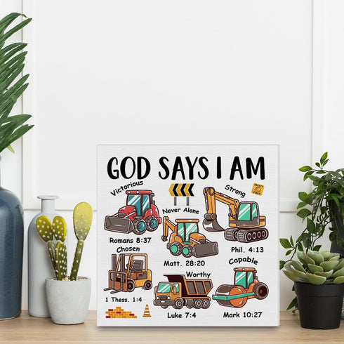 Qlnuk Religious God Says I Am Construction Wood Block Sign Nursery Bible Verse Truck Decor for Home Table Desk Shelf