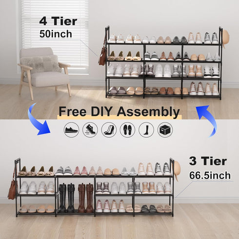 DYJIEKAI 3 4 24-30 Closet,Wide Row Tier Long Shoe Rack, Black Metal Stackable Shoe Shelf with Multifunctional Hooks
