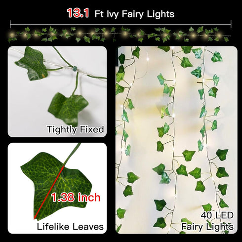 13.1ft 40 suddus Vine with Fairy Lights Battery Operated, LED Ivy String Light with Remote, Leaf Lights for Bedroom