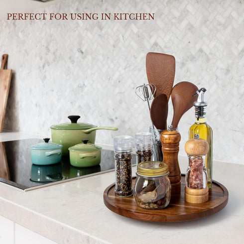 Lazy Susan Organizer for Table - 12 Inch Wooden Turntable - Acacia Wood Kitchen Spice Rack (2 Pack)