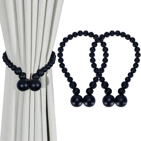 Magnetic Curtain Tiebacks, 2 Pack Curtain Tie Backs for Curtains, Wood Bead Curtain Holders for Boho Bedroom Decor,