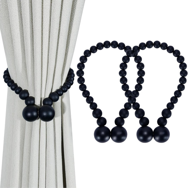 Magnetic Curtain Tiebacks, 2 Pack Curtain Tie Backs for Curtains, Wood Bead Curtain Holders for Boho Bedroom Decor,
