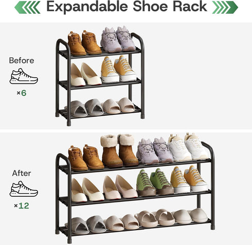 kiplant Closet, 3-Tier Closet Shoe Rack for Expandable Shoe Rack Metal Organizer, Heavy Duty Black Shoe Storage Shelf