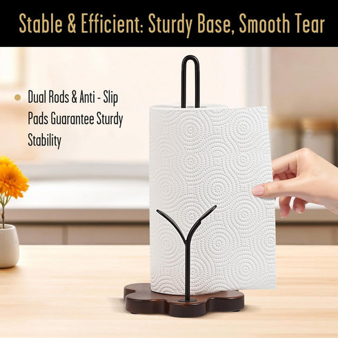 Countertop, Wooden Paper Towel Holder Floral Base with Dual Iron Rods in Antique Brown Finish, Leaf-Shaped Accent