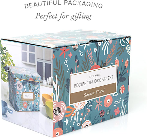Jot & Mark Decorative Recipe Tin Box for Recipe Cards, Greeting Card Holder, Holds Hundreds of 4” x 6” Cards