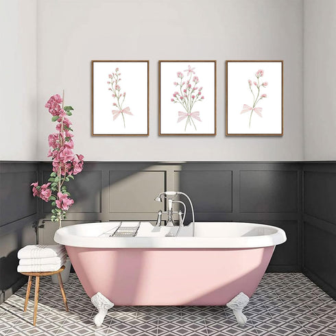 SongZest 3 12x16in Piece Pink Floral Framed Wall Art Boho Flower Nursery Canvas Art Prints Wildflower Bow Pictures Wall