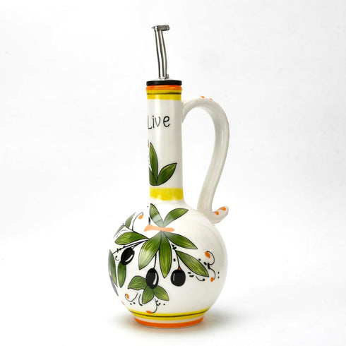AA Brothers Hand-Painted Ceramic Olive Oil Dispenser Bottle 15oz Decorative Stoneware Cruet with Stainless