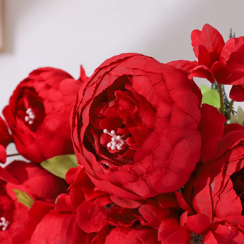 Duovlo Artificial Silk Peony Bouquets (Spring Red, Wedding Home Decoration, Pack of 1)