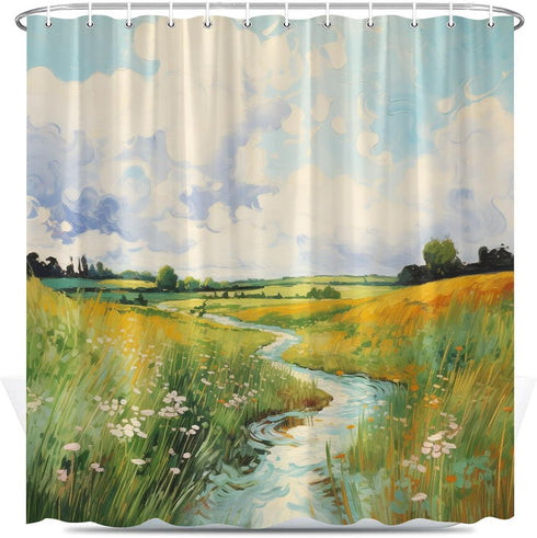 Van Gogh Abstract Oil Painting Shower Curtain Green Country Natural Landscape Bathroom Decor Set with Hooks 70X70 Inch