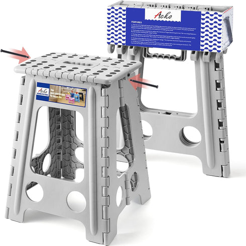 ACKO Folding Step Stool, 17.5 Inch, 400 lbs Capacity, Collapsible Stool for Kitchen, Grey