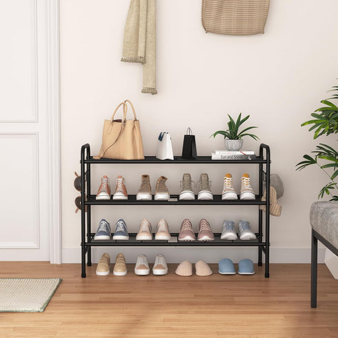 3 33" 4 Closet, VILICK Tier Shoe Rack Wide Metal Shoe Organizer Long Shoe Storage with Side Hooks Sturdy Shoes Shelf