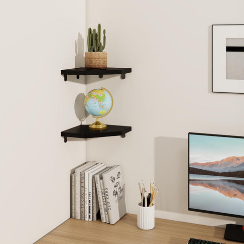 Set 2 7in Fun Memories Corner Shelf Wall Mount of - Solid Oak Wood Floating Corner Shelf with Cable Hole, Rustic Design