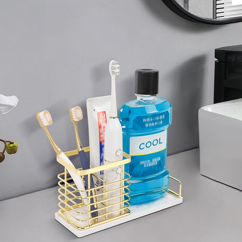 HarJue Toothbrush Holder, Luxurious Metal Toothbrush Toothpaste Holder with Marble Base for Bathroom, Multi-Slots