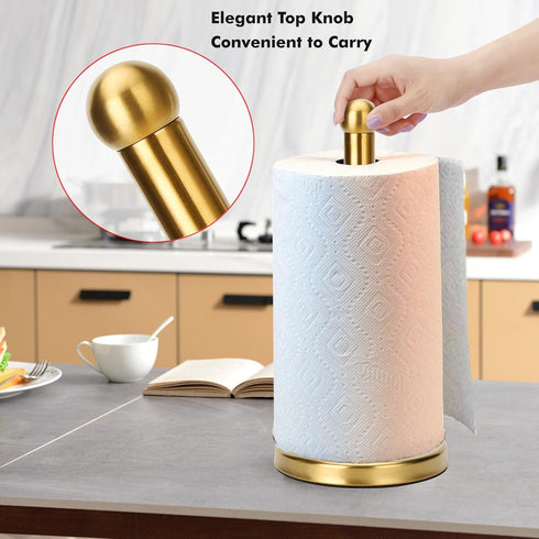Paper Towel Holder Stand with Sturdy Base - Fits Standard and Jumbo Sized Paper Towels, Countertop, Gold