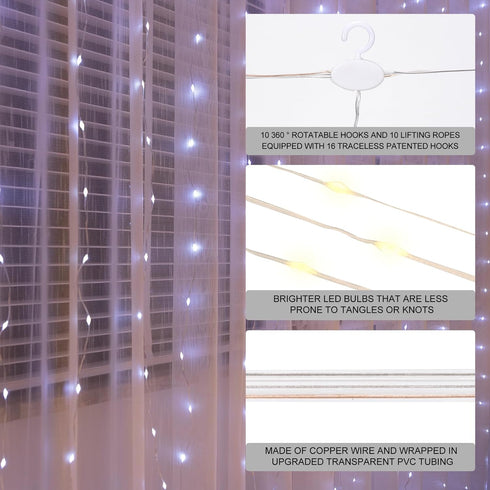 Upgrade 300LED White Curtain Light with Untangled Wires, 9.8ft x 9.8ft Copper Wire String Lights, USB Plug Hanging Window Fairy Lights, 8 Modes & Remote for Home Christmas Wedding Party