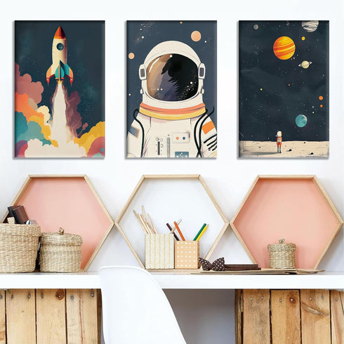 XLXARTQN 3Pcs Astronaut Wall art Nursery Space Adventure Posters Prints Rocketship Wall Decor Explore Dream Galaxy