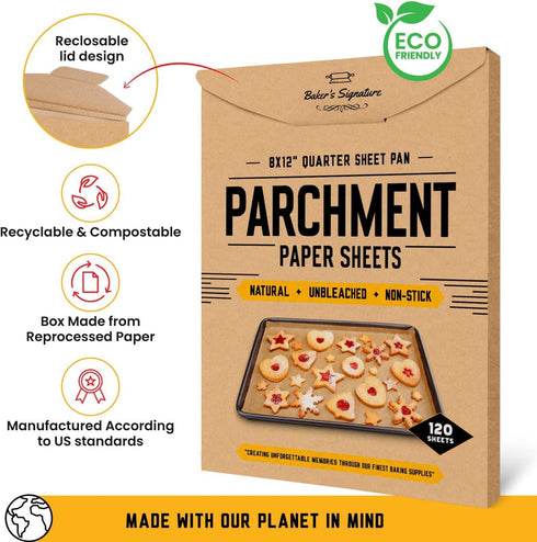 Quarter Sheet Pans 8x12 Inch Pack of 120 Parchment Paper Baking Sheets by Baker’s Signature | Precut Silicone Coated,