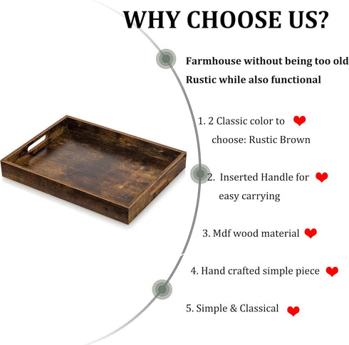Hanobe Brown Decorative Serving Trays: Rustic Brown Rectangle Tray Decor with Cutout Handles for Coffee Table Ottoman