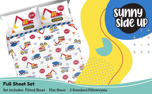 Set 4 Set Sunny Side Up Construction Zone Full Sheet - Piece Kids Bedding Includes Pillow Cover - Super Soft Trucks