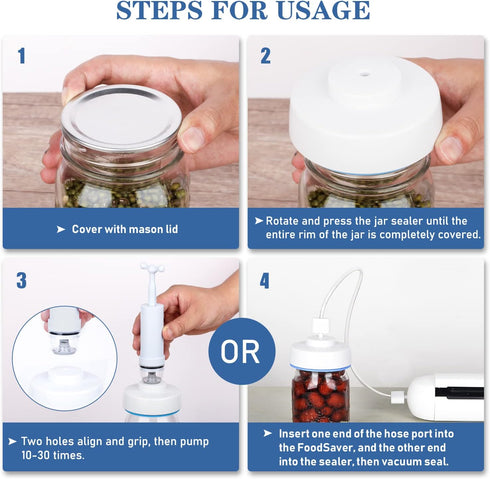Mason Jar Vacuum Sealer Kit with Accessory Hose for Wide and Regular Mouth Jars, Manual Portable Vacuum Pump and Lid
